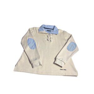 Sable & Mer Womens cream L  L/S  Shirt Blue Collar & Elbow Patches Toggles